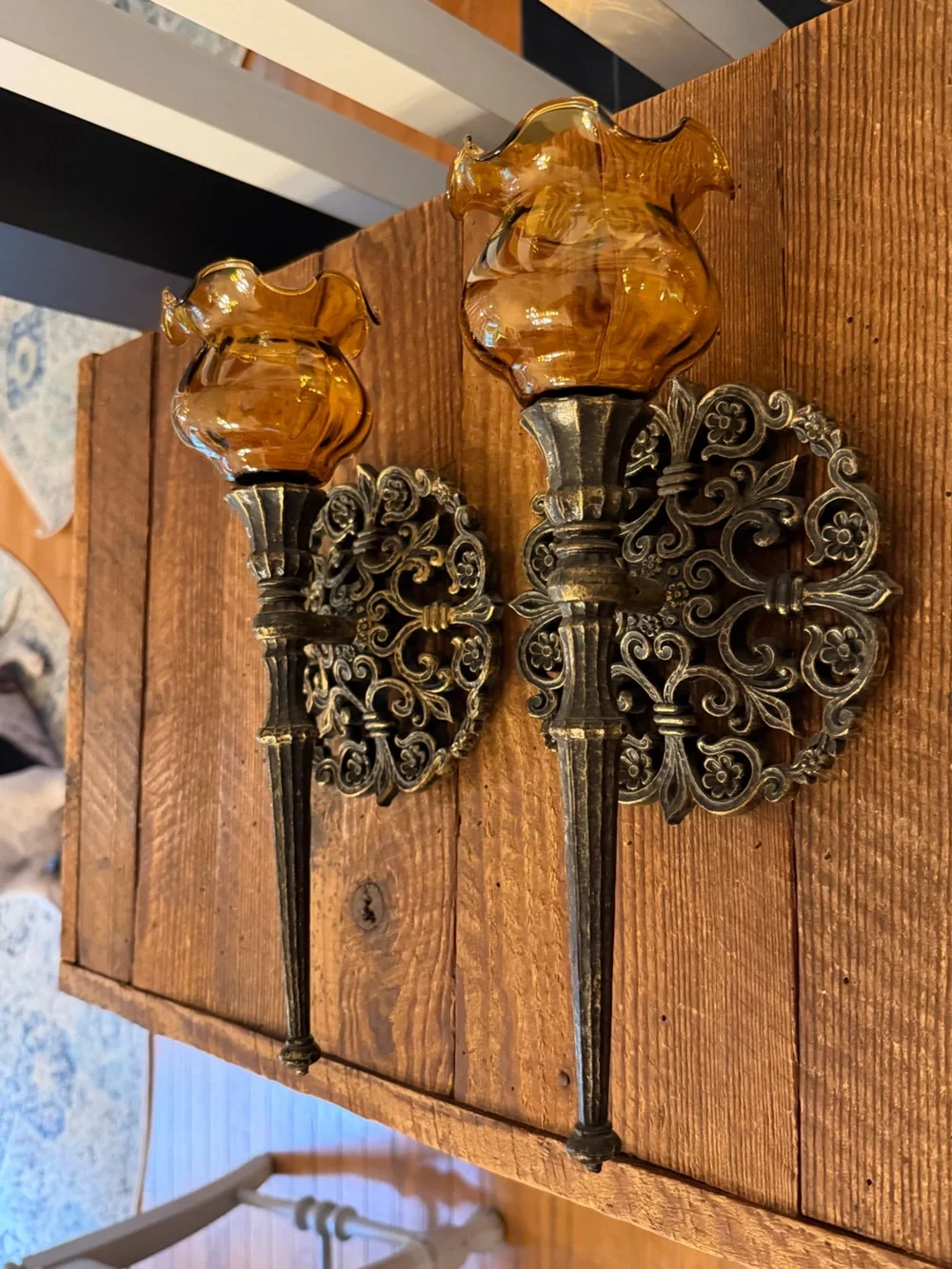 Pair of Vintage Amber Glass BOHO Farmhouse Candle Wall Sconces
